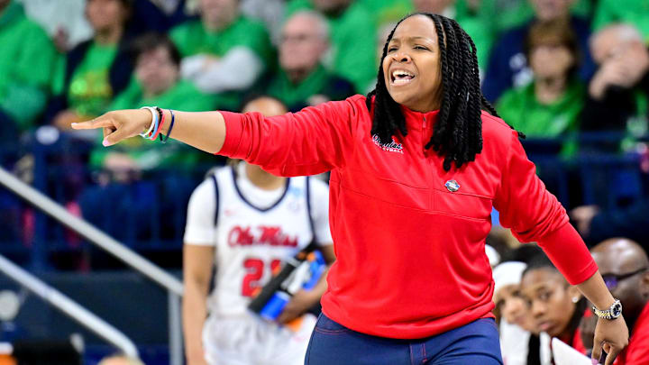 Mar 23, 2024; South Bend, Indiana, USA; Ole Miss Rebels head coach Yolett McPhee-McCuin yells to her players in the first half against the Marquette Golden Eagles at the Purcell Pavilion. Mandatory Credit: Matt Cashore-Imagn Images Mar 23, 2024; South Bend, Indiana, USA; Ole Miss Rebels head coach Yolett McPhee-McCuin yells to her players in the first half against the Marquette Golden Eagles at the Purcell Pavilion. Mandatory Credit: Matt Cashore-Imagn Images