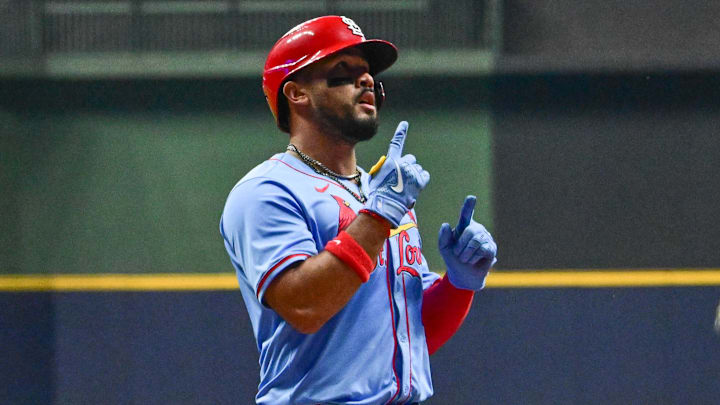 Sep 13, 2025; Milwaukee, Wisconsin, USA; St. Louis Cardinals designated hitter Ivan Herrera (48) reacts after hitting a solo home run against the Milwaukee Brewers in the first inning at American Family Field. Mandatory Credit: Benny Sieu-Imagn Images Sep 13, 2025; Milwaukee, Wisconsin, USA; St. Louis Cardinals designated hitter Ivan Herrera (48) reacts after hitting a solo home run against the Milwaukee Brewers in the first inning at American Family Field. Mandatory Credit: Benny Sieu-Imagn Images