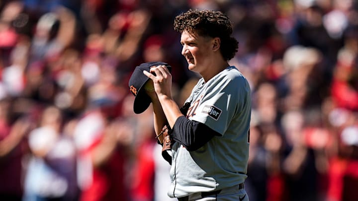 Detroit Tigers pitcher Reese Olson (45) reacts after Cleveland Guardians center fielder Lane Thomas (8) bats a 3-run home run during the first inning of Game 1 of ALDS at Progressive Field in Cleveland, Ohio on Saturday, Oct. 5, 2024. Detroit Tigers pitcher Reese Olson (45) reacts after Cleveland Guardians center fielder Lane Thomas (8) bats a 3-run home run during the first inning of Game 1 of ALDS at Progressive Field in Cleveland, Ohio on Saturday, Oct. 5, 2024.