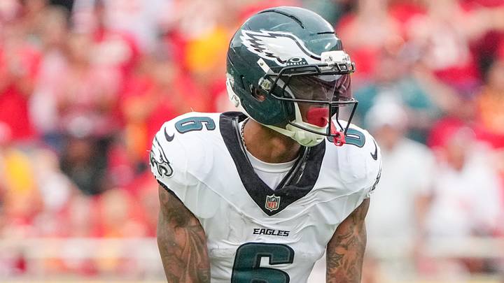 Sep 14, 2025; Kansas City, Missouri, USA; Philadelphia Eagles wide receiver DeVonta Smith (6) at the line of scrimmage against the Kansas City Chiefs during the second half of the game at GEHA Field at Arrowhead Stadium. Mandatory Credit: Denny Medley-Imagn Images