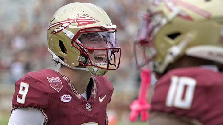 Sep 6, 2025; Tallahassee, Florida, USA; Florida State Seminoles quarterback Kevin Sperry celebrates after scoring a touchdown against the East Texas A&M Lions during the second half at Doak S. Campbell Stadium. Mandatory Credit: Melina Myers-Imagn Images