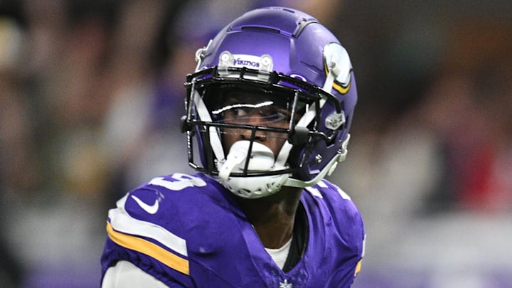 Oct 23, 2023; Minneapolis, Minnesota, USA; Minnesota Vikings wide receiver Jordan Addison (3) scores on a touchdown pass from quarterback Kirk Cousins (not pictured) against the San Francisco 49ers during the second quarter at U.S. Bank Stadium. Mandatory Credit: Jeffrey Becker-Imagn Images