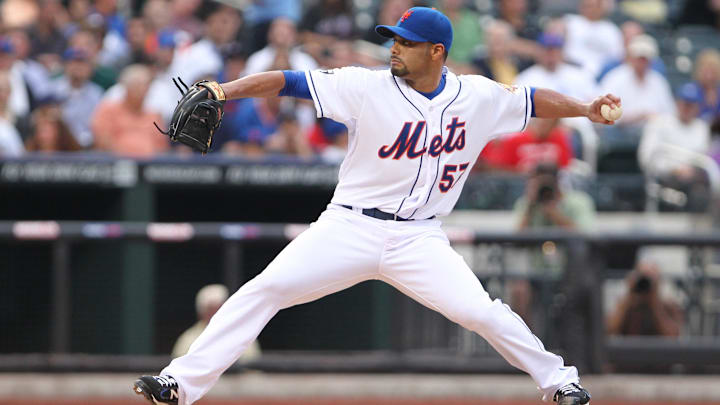 June 19, 2012; Flushing, NY,USA;  New York Mets starting pitcher Johan Santana (57) pitches during the first inning against the Baltimore Orioles at Citi Field.  Mandatory Credit: Anthony Gruppuso-Imagn Images