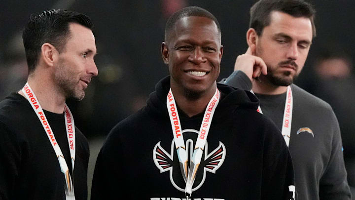 Atlanta Falcons head coach Raheem Morris looks on during UGA Footballs Pro Day in Athens, Ga., on Wednesday, March 12, 2025. Representatives from all 32 NFL teams are on hand to watch former UGA football players in action.