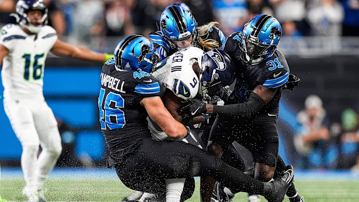Detroit Lions linebacker Jack Campbell (46), left, linebacker Alex Anzalone (34), center, and safety Kerby Joseph (31). Detroit Lions linebacker Jack Campbell (46), left, linebacker Alex Anzalone (34), center, and safety Kerby Joseph (31).
