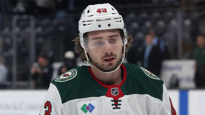 Feb 27, 2026; Salt Lake City, Utah, USA; Minnesota Wild defenseman Quinn Hughes (43) warms up before a game against the Utah Mammoth at Delta Center. Mandatory Credit: Rob Gray-Imagn Images