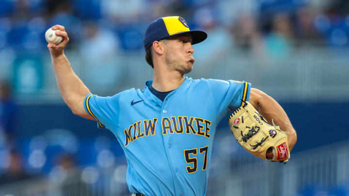 Apr 17, 2026; Miami, Florida, USA; Milwaukee Brewers starting pitcher Coleman Crow (57) delivers a pitch against the Miami Marlins during the first inning at loanDepot Park. Mandatory Credit: Sam Navarro-Imagn Images