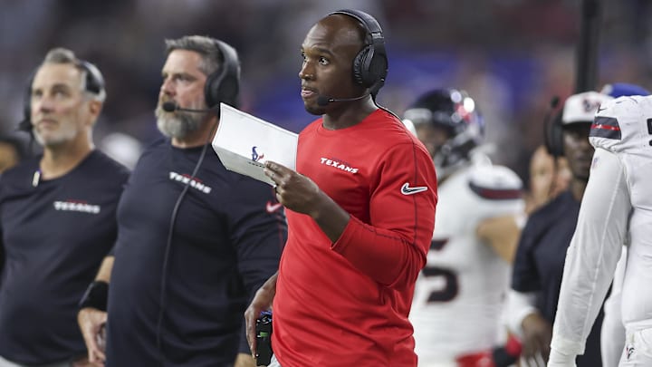 Sep 15, 2024; Houston, Texas, USA; Houston Texans head coach DeMeco Ryans looks on during the second quarter against the Chicago Bears at NRG Stadium.