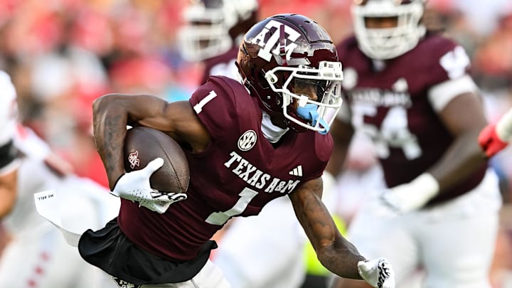 Sep 2, 2023; College Station, Texas, USA; Texas A&M Aggies wide receiver Evan Stewart (1) catches a pass during the first quarter against the New Mexico Lobos at Kyle Field. Mandatory Credit: Maria Lysaker-Imagn Images