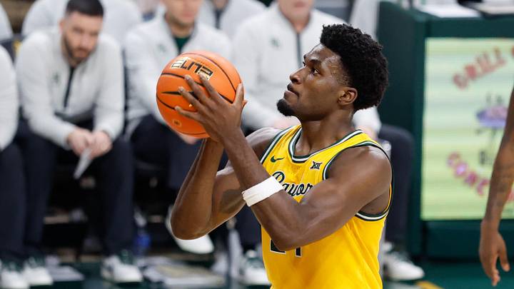 Mar 7, 2026; Waco, Texas, USA; St. John's basketball commit Tounde Yessoufou (24) shoots a free throw during the second half at Paul and Alejandra Foster Pavilion. Mar 7, 2026; Waco, Texas, USA; St. John's basketball commit Tounde Yessoufou (24) shoots a free throw during the second half at Paul and Alejandra Foster Pavilion.