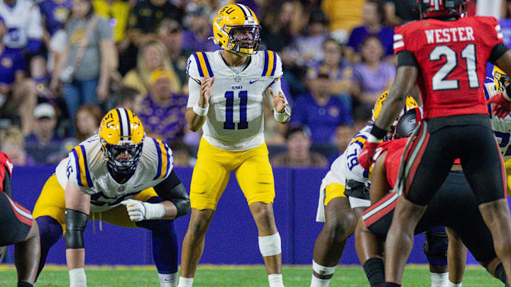 Nov 22, 2025; Baton Rouge, Louisiana, USA; LSU Tigers quarterback Michael van Buren Jr. (11) calls for the ball against the Western Kentucky Hilltoppers during the first half at Tiger Stadium. Mandatory Credit: Stephen Lew-Imagn Images Nov 22, 2025; Baton Rouge, Louisiana, USA; LSU Tigers quarterback Michael van Buren Jr. (11) calls for the ball against the Western Kentucky Hilltoppers during the first half at Tiger Stadium. Mandatory Credit: Stephen Lew-Imagn Images