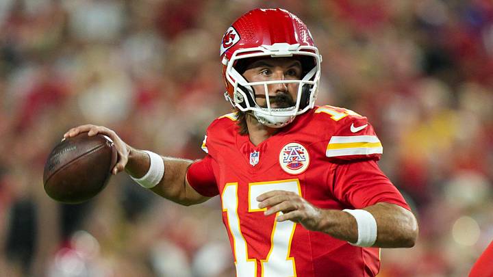 Aug 22, 2025; Kansas City, Missouri, USA; Kansas City Chiefs quarterback Gardner Minshew (17) throws a pass during the first half against the Chicago Bears at GEHA Field at Arrowhead Stadium. Mandatory Credit: Jay Biggerstaff-Imagn Images