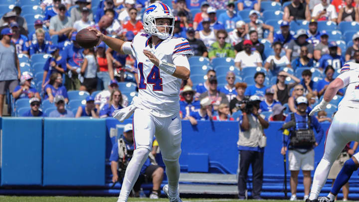 Buffalo Bills QB Mike White throws the ball against the New York Giants during the second half at Highmark Stadium.