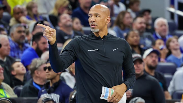 Dec 8, 2023; Orlando, Florida, USA; Detroit Pistons head coach Monty Williams points to the bench
