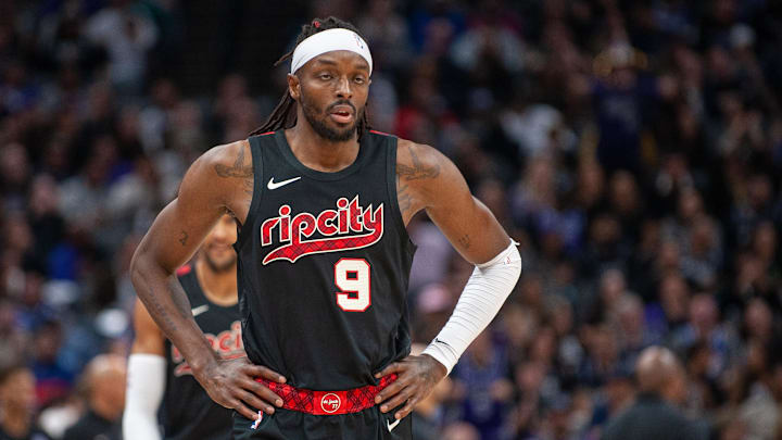 Nov 8, 2023; Sacramento, California, USA; Portland Trail Blazers forward Jerami Grant (9) looks on during a timeout in the second quarter at Golden 1 Center. Mandatory Credit: Ed Szczepanski-USA TODAY Sports