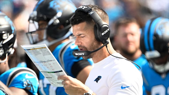 Sep 21, 2025; Charlotte, North Carolina, USA;  Carolina Panthers head coach Dave Canales on the sidelines in the fourth quarter at Bank of America Stadium. 