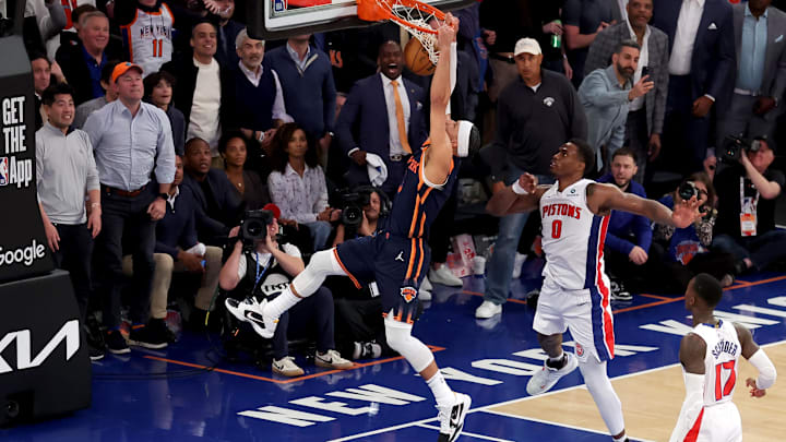 Apr 21, 2025; New York, New York, USA; New York Knicks guard Josh Hart (3) dunks against Detroit Pistons center Jalen Duren (0) and guard Dennis Schroder (17) during the fourth quarter of game two of the first round of the 2024 NBA Playoffs at Madison Square Garden. Mandatory Credit: Brad Penner-Imagn Images Apr 21, 2025; New York, New York, USA; New York Knicks guard Josh Hart (3) dunks against Detroit Pistons center Jalen Duren (0) and guard Dennis Schroder (17) during the fourth quarter of game two of the first round of the 2024 NBA Playoffs at Madison Square Garden. Mandatory Credit: Brad Penner-Imagn Images