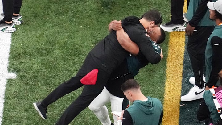 Barkley (right) won a Super Bowl in his first season in Philadelphia with Sirianni (left). 