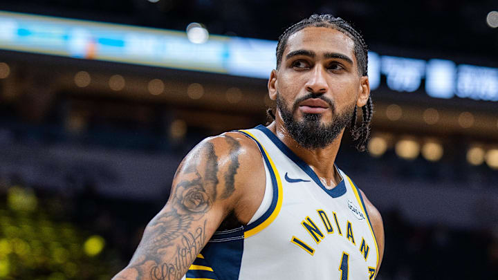 Oct 13, 2025; Indianapolis, Indiana, USA; Indiana Pacers forward Obi Toppin (1) in the second half against the San Antonio Spurs at Gainbridge Fieldhouse. Mandatory Credit: Trevor Ruszkowski-Imagn Images