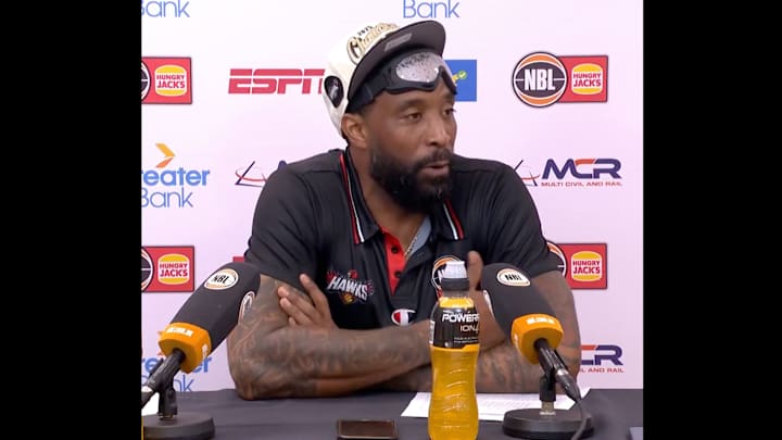 Illawarra Hawks head coach Tatum speaks to reporters after NBL Finals.