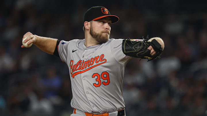 Sep 26, 2024; Bronx, New York, USA; Baltimore Orioles starting pitcher Corbin Burnes (39) delivers a pitch during the first inning against the New York Yankees at Yankee Stadium.