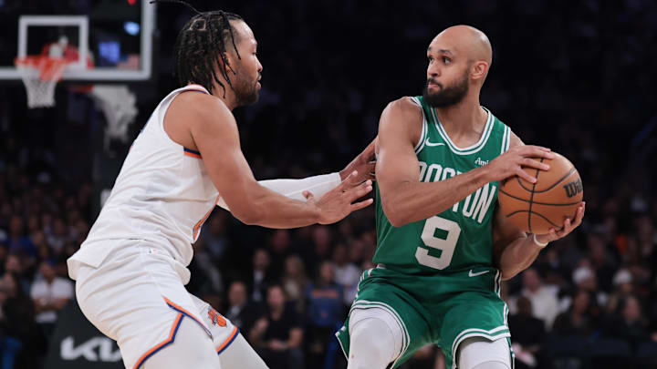 Oct 24, 2025; New York, New York, USA; Boston Celtics guard Derrick White (9) is guarded by New York Knicks guard Jalen Brunson (11) during the fourth quarter at Madison Square Garden. Mandatory Credit: Vincent Carchietta-Imagn Images Oct 24, 2025; New York, New York, USA; Boston Celtics guard Derrick White (9) is guarded by New York Knicks guard Jalen Brunson (11) during the fourth quarter at Madison Square Garden. Mandatory Credit: Vincent Carchietta-Imagn Images