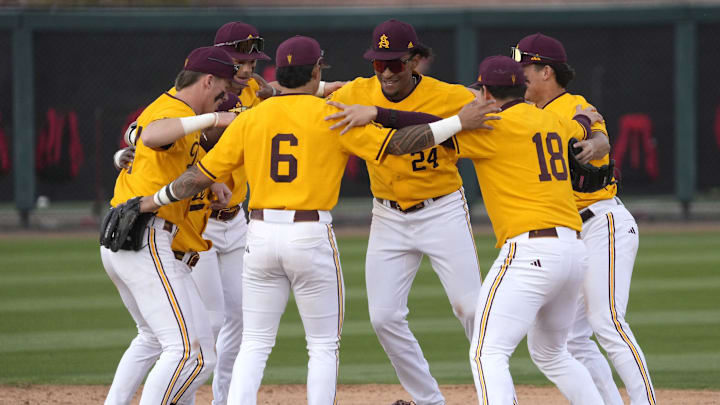 Arizona State players celebrate after beating Ohio State 17-10 at Phoenix Municipal Stadium on Feb. 16, 2025.