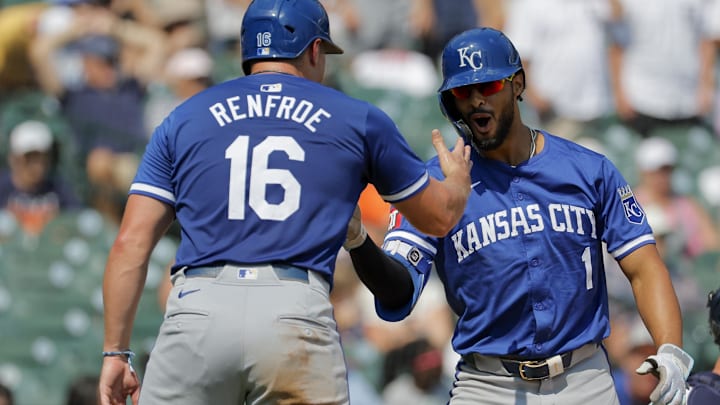 Aug 4, 2024; Detroit, Michigan, USA;  Kansas City Royals outfielder MJ Melendez (1) receives congratulations from outfielder Hunter Renfroe (16) after he hits a three run home run in the ninth inning against the Detroit Tigers at Comerica Park. Mandatory Credit: Rick Osentoski-USA TODAY Sports