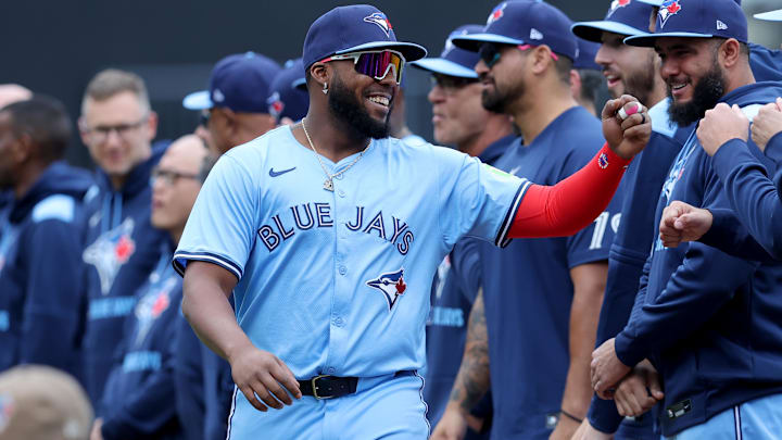 Toronto Blue Jays first baseman Vladimir Guerrero Jr. (27) is introduced before the New York Mets home opener at Citi Field in New York on April 4, 2025.