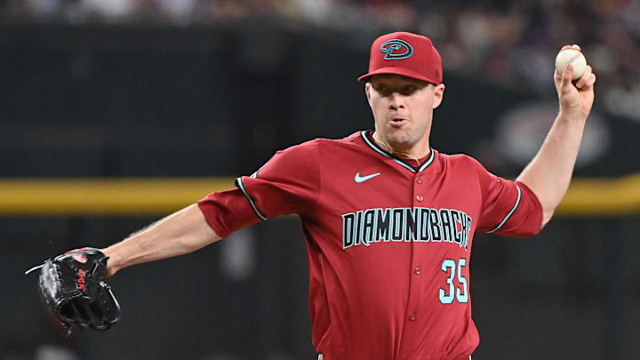 Apr 11, 2025; Phoenix, Arizona, USA; Arizona Diamondbacks pitcher Joe Mantiply (35) throws in the ninth inning against the Milwaukee Brewers at Chase Field. Mandatory Credit: Matt Kartozian-Imagn Images