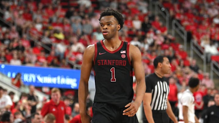 Mar 7, 2026; Raleigh, North Carolina, USA;  Stanford Cardinal guard Ebuka Okorie (1) reacts after scoring against the NC State Wolfpack during the first half at Lenovo Center. Mandatory Credit: Zachary Taft-Imagn Images