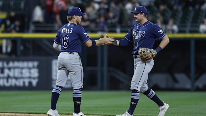 Apr 14, 2026; Chicago, Illinois, USA; Tampa Bay Rays shortstop Taylor Walls (6) and second baseman Ben Williamson (15) celebrate team's win against the Chicago White Sox in a baseball game at Rate Field. Apr 14, 2026; Chicago, Illinois, USA; Tampa Bay Rays shortstop Taylor Walls (6) and second baseman Ben Williamson (15) celebrate team's win against the Chicago White Sox in a baseball game at Rate Field.