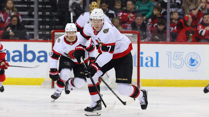 Jan 19, 2025; Newark, New Jersey, USA; Ottawa Senators left wing Brady Tkachuk (7) skates with the puck against the New Jersey Devils during the third period at Prudential Center. Mandatory Credit: Ed Mulholland-Imagn Images
