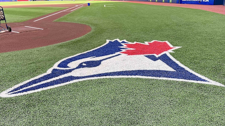 Aug 14, 2022; Toronto, Ontario, CAN; The Toronto Blue Jays logo during batting practice against the Cleveland Guardians at Rogers Centre. Mandatory Credit: Nick Turchiaro-Imagn Images