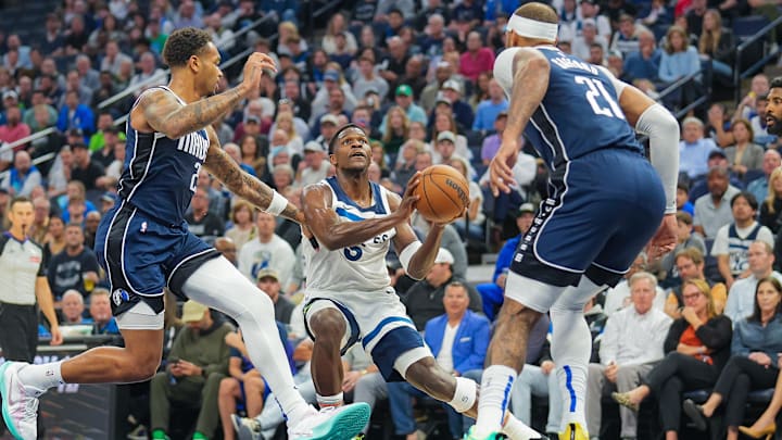 Minnesota Timberwolves guard Anthony Edwards dribbles against the Dallas Mavericks in the first quarter at Target Center in Minneapolis on Oct. 29, 2024.