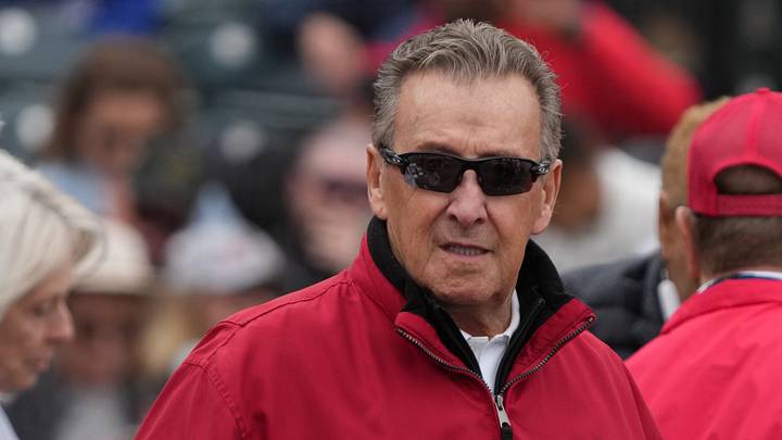 Mar 14, 2025; Tempe, Arizona, USA; Los Angeles Angels owner Arte Moreno gets ready for a game against the Kansas City Royals at Tempe Diablo Stadium. Mandatory Credit: Rick Scuteri-Imagn Images