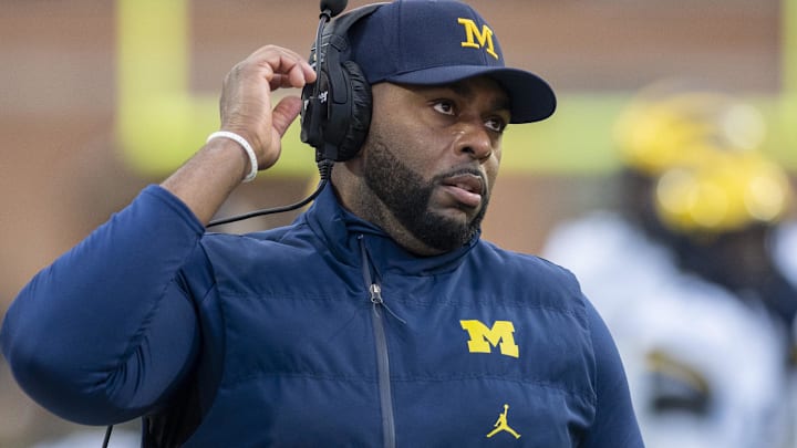 Nov 22, 2025; College Park, Maryland, USA; Michigan Wolverines head coach Sherrone Moore on the sidelines during the first quarter against the Maryland Terrapins  at SECU Stadium.