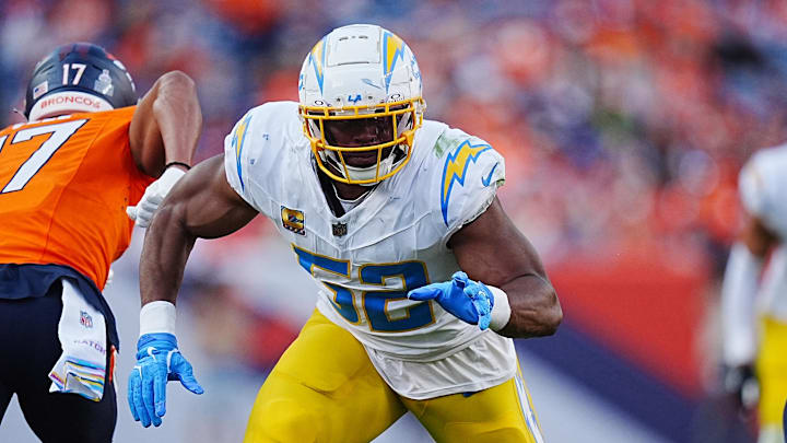 Oct 13, 2024; Denver, Colorado, USA; Los Angeles Chargers linebacker Khalil Mack (52) during the second half against the Denver Broncos at Empower Field at Mile High.