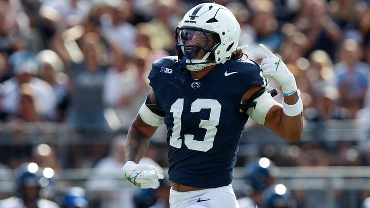 Penn State Nittany Lions linebacker Tony Rojas reacts following a sack against the Villanova Wildcats at Beaver Stadium.
