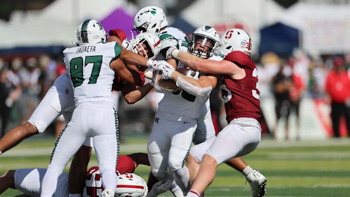 Aug 23, 2025; Honolulu, Hawaii, USA; Stanford Cardinal inside linebacker Matt Rose (35) wraps up Hawaii Rainbow Warriors running back Landon Sims (30) during the second half at Clarence T.C. Ching Athletics Complex. Mandatory Credit: Marco Garcia-Imagn Images Aug 23, 2025; Honolulu, Hawaii, USA; Stanford Cardinal inside linebacker Matt Rose (35) wraps up Hawaii Rainbow Warriors running back Landon Sims (30) during the second half at Clarence T.C. Ching Athletics Complex. Mandatory Credit: Marco Garcia-Imagn Images
