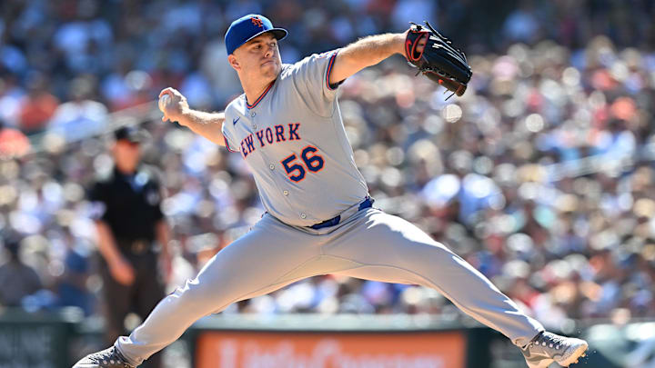 Sep 1, 2025; Detroit, Michigan, USA;  New York Mets pitcher Ryan Helsley (56) throws a pitch against the Detroit Tigers in the seventh inning at Comerica Park. Mandatory Credit: Lon Horwedel-Imagn Images