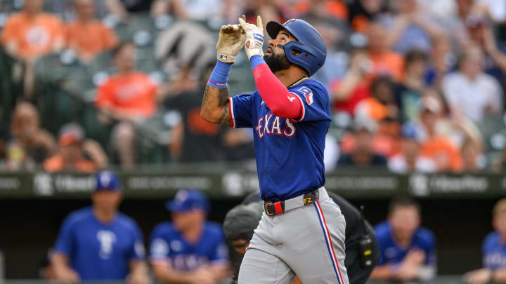 Jun 30, 2024; Baltimore, Maryland, USA; Texas Rangers outfielder Derek Hill (40) celebrates after hitting a home run during the second inning against the Baltimore Orioles at Oriole Park at Camden Yards. Mandatory Credit: Reggie Hildred-USA TODAY Sports