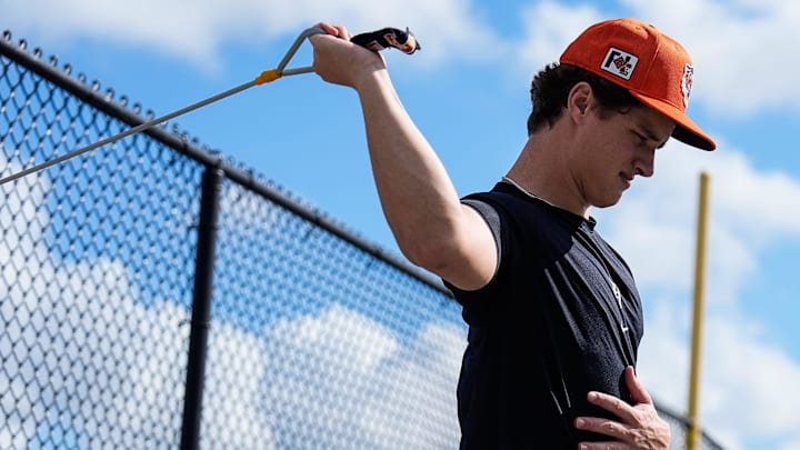 Detroit Tigers pitcher Jackson Jobe warms up during spring training at TigerTown in Lakeland, Fla. on Saturday, Feb. 15, 2025.