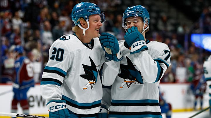 Mar 6, 2025; Denver, Colorado, USA; San Jose Sharks left wing Fabian Zetterlund (20) and left wing William Eklund (72) before the game against the Colorado Avalanche at Ball Arena. Mandatory Credit: Isaiah J. Downing-Imagn Images
