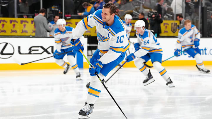 Jan 10, 2026; Las Vegas, Nevada, USA; St. Louis Blues center Brayden Schenn (10) warms up before a game against the Vegas Golden Knights at T-Mobile Arena. Mandatory Credit: Stephen R. Sylvanie-Imagn Images