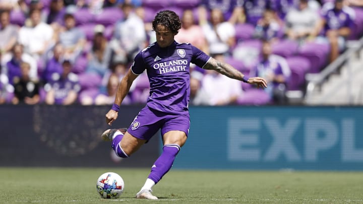 Apr 9, 2022; Orlando, Florida, USA; Orlando City forward Alexandre Pato (7) shoots the ball in the