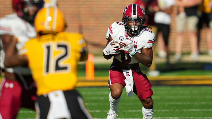 South Carolina football running back Juju McDowell playing against the Missouri Tigers in 2023