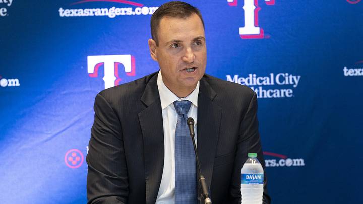 Oct. 24, 2022; Arlington, TX, USA; Texas Rangers general manager Chris Young speaks during a news conference introducing Bruce Bochy as team manager at Globe Life Field. Mandatory Credit: Jim Cowsert-Imagn Images