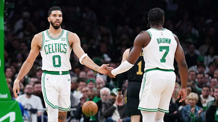 Jayson Tatum (0) and guard Jaylen Brown. Jayson Tatum (0) and guard Jaylen Brown.