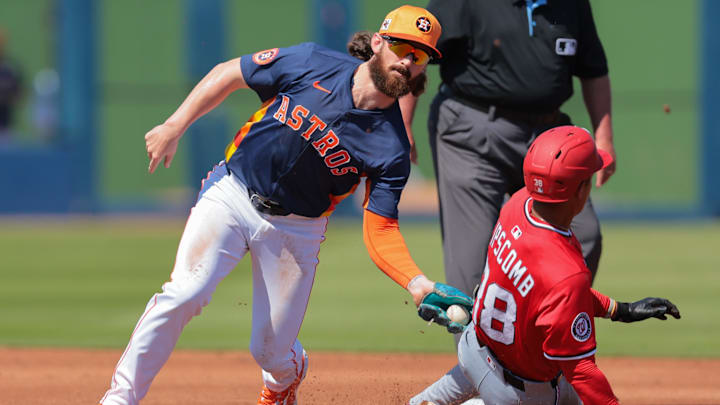 Mar 2, 2025; West Palm Beach, Florida, USA; Houston Astros second baseman Brendan Rodgers (54) tags out Washington Nationals second baseman Trey Lipscomb (38) after a steal attempt during the second inning at CACTI Park of the Palm Beaches. Mar 2, 2025; West Palm Beach, Florida, USA; Houston Astros second baseman Brendan Rodgers (54) tags out Washington Nationals second baseman Trey Lipscomb (38) after a steal attempt during the second inning at CACTI Park of the Palm Beaches.